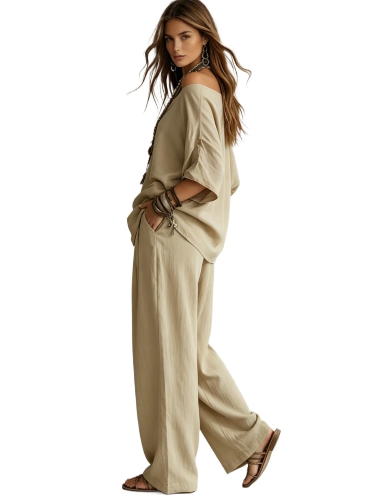 Women's Summer Solid 3/4 Sleeve Tops & Wide Leg Pants Set, Casual Loose Simple Fashion Outfit, Daily Holiday Travel Two Piece Set