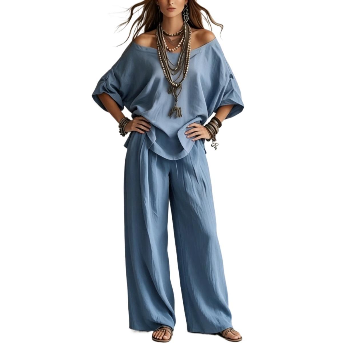 Women's Summer Solid 3/4 Sleeve Tops & Wide Leg Pants Set, Casual Loose Simple Fashion Outfit, Daily Holiday Travel Two Piece Set