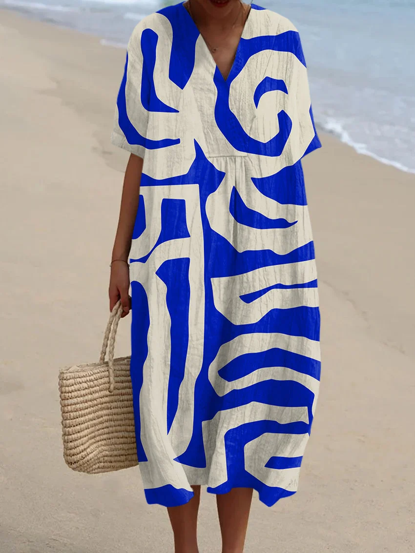 Women's Retro Simple Geometric Lines Watercolor Splash Fluid Art Print Flowy Dress