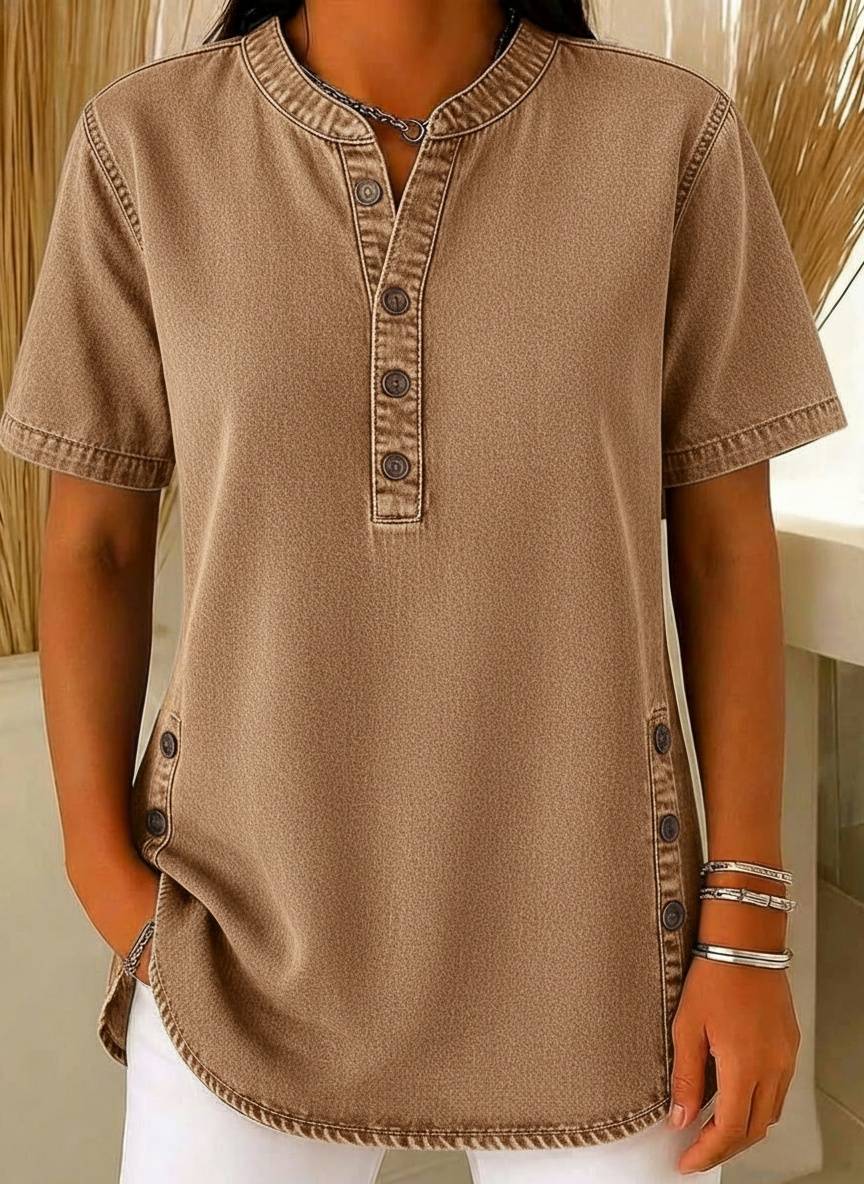 NEW🔥Women's V-neck short-sleeved Casual Button-up Loose Denim Top