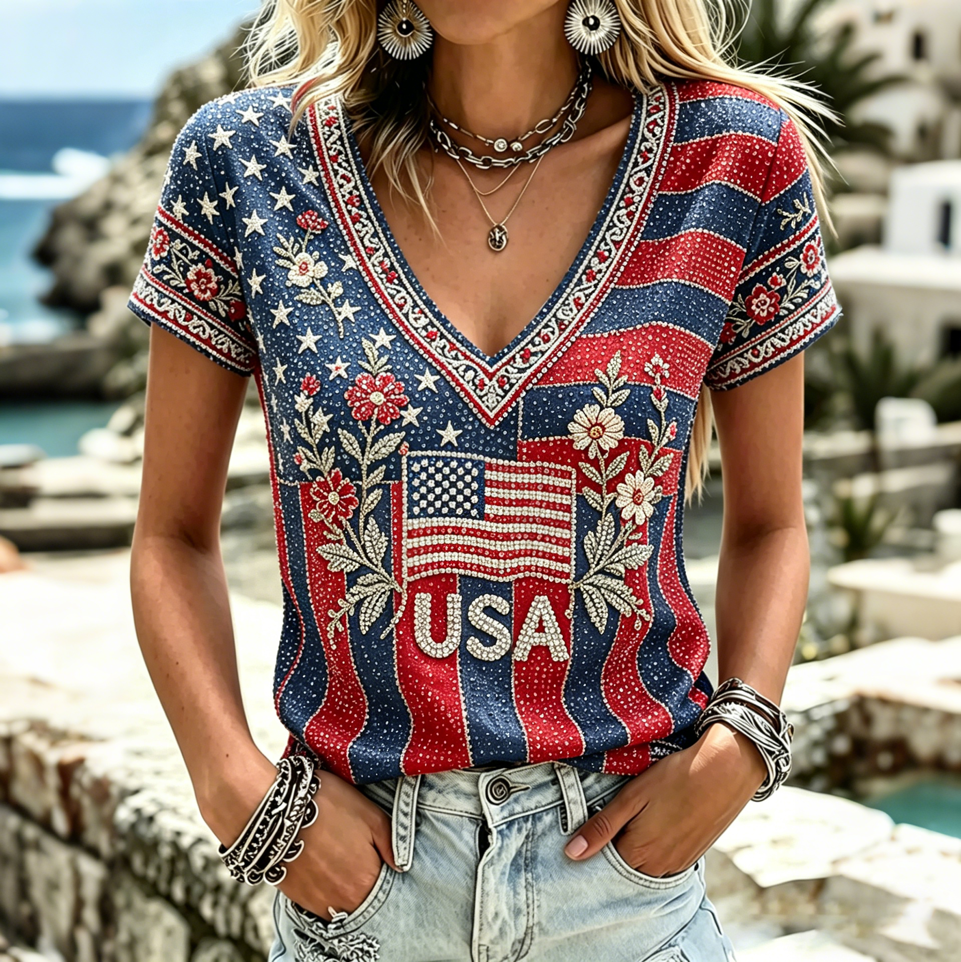 Women's America Hot Drill Floral Art Print Casual T-shirt