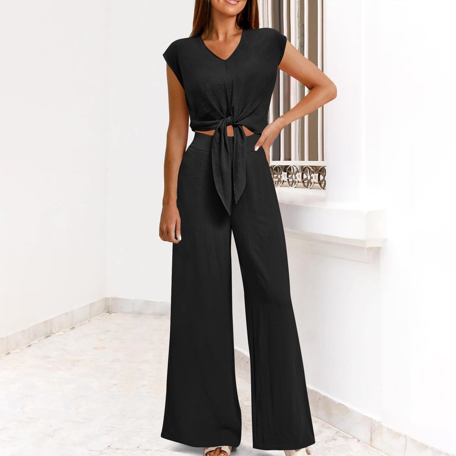 Homenesgenics 2 Piece Outfit for Women Plus Size Women's Casual V-Neck Long Sleeved Lace Up Exposed Navel Top Wide Leg Pants Set Brown M