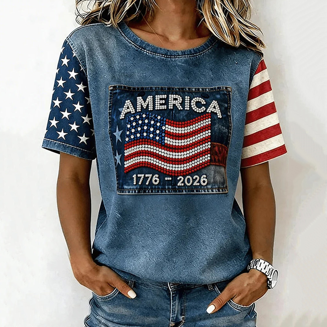 Women's Retro Independence Day Flag Printed T-shirt
