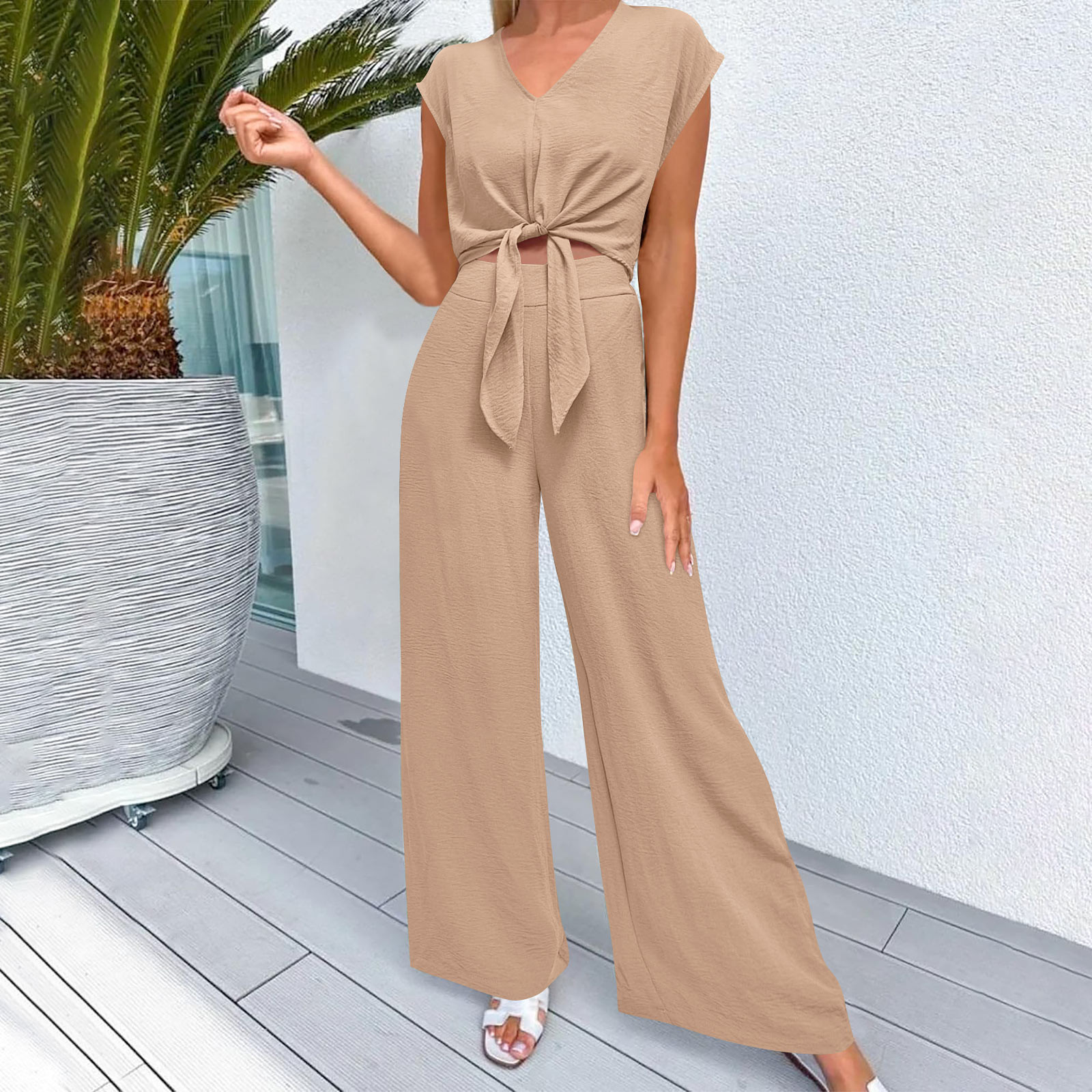Homenesgenics 2 Piece Outfit for Women Plus Size Women's Casual V-Neck Long Sleeved Lace Up Exposed Navel Top Wide Leg Pants Set Brown M