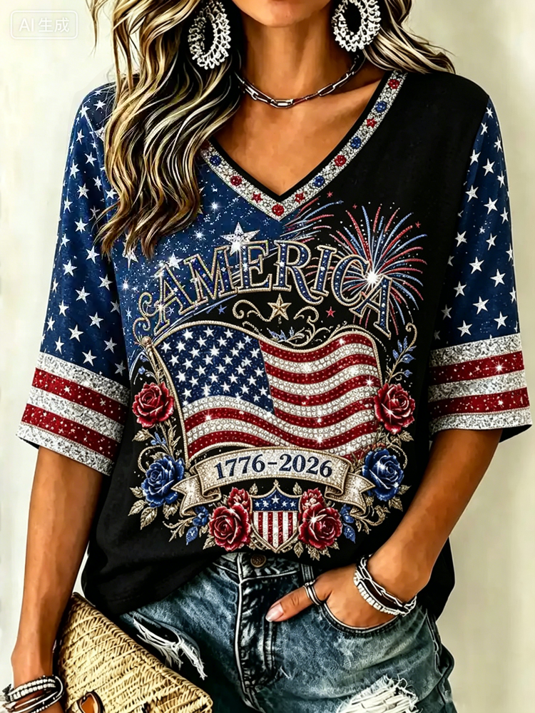 Women's Retro Independence Day Anniversary Print Cotton Linen T-shirt