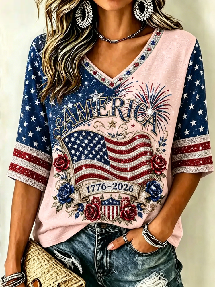 Women's Retro Independence Day Anniversary Print Cotton Linen T-shirt