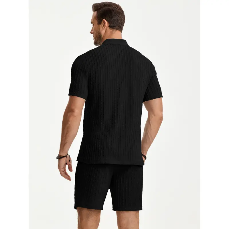Men 2 Piece Jacquard Knit Lounge Sets Short Sleeve Polo Shirt and Shorts Sets Summer Outfits with Pockets