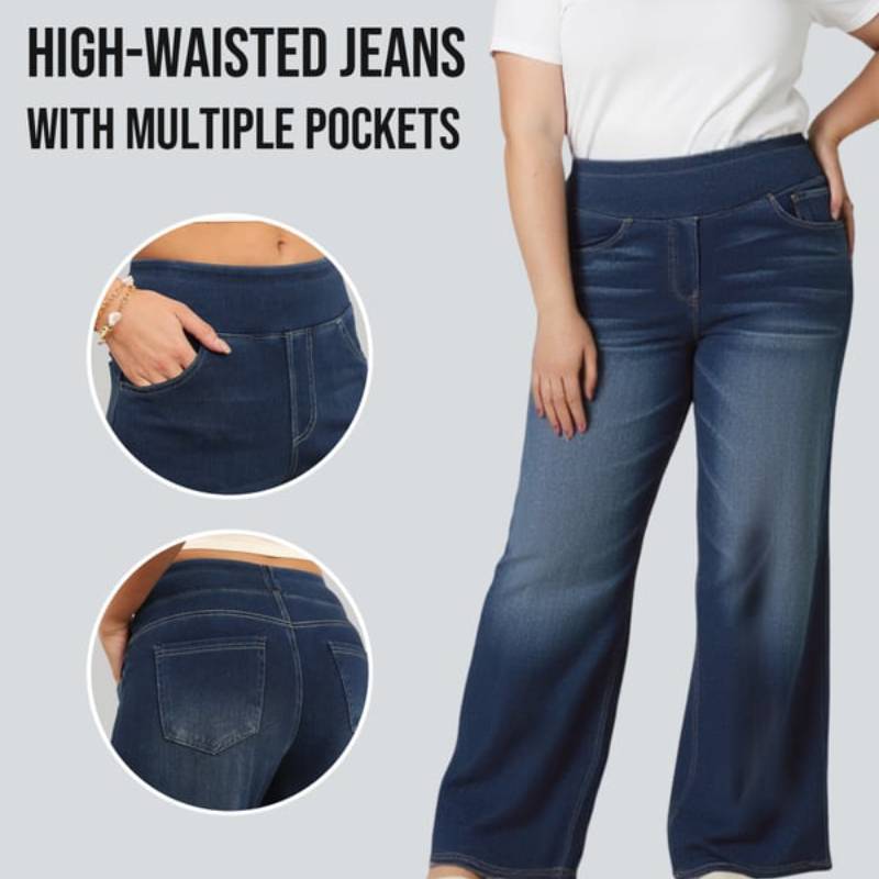 🔥Women's High-Waisted Washed Baggy Wide-Leg Stretchy Knit Jeans with Multiple Pockets – Comfortable Casual Denim