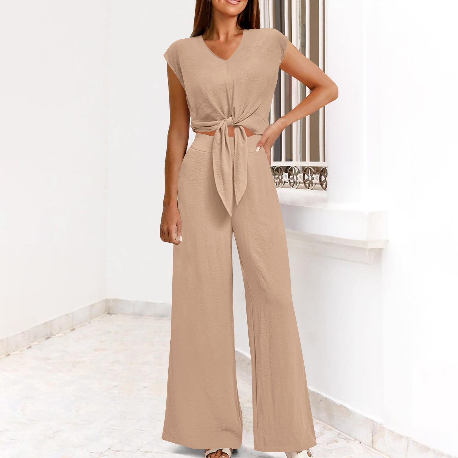 Homenesgenics 2 Piece Outfit for Women Plus Size Women's Casual V-Neck Long Sleeved Lace Up Exposed Navel Top Wide Leg Pants Set Brown M