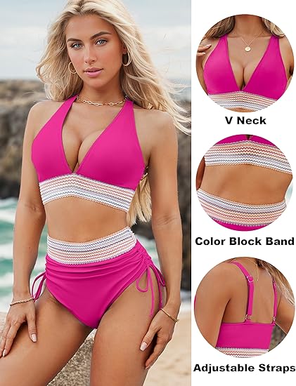🎁2026 High Waisted Tummy Control Color Block Bikini Sets
