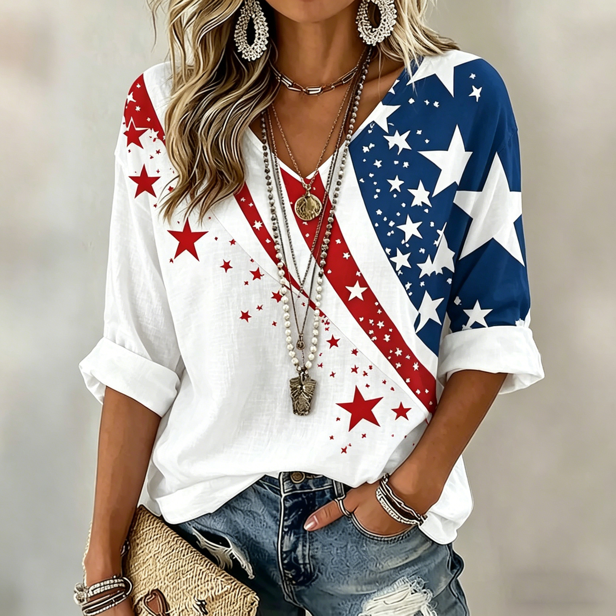 Women's  Flag Art Three-quarter Sleeve V Neck Linen Tops