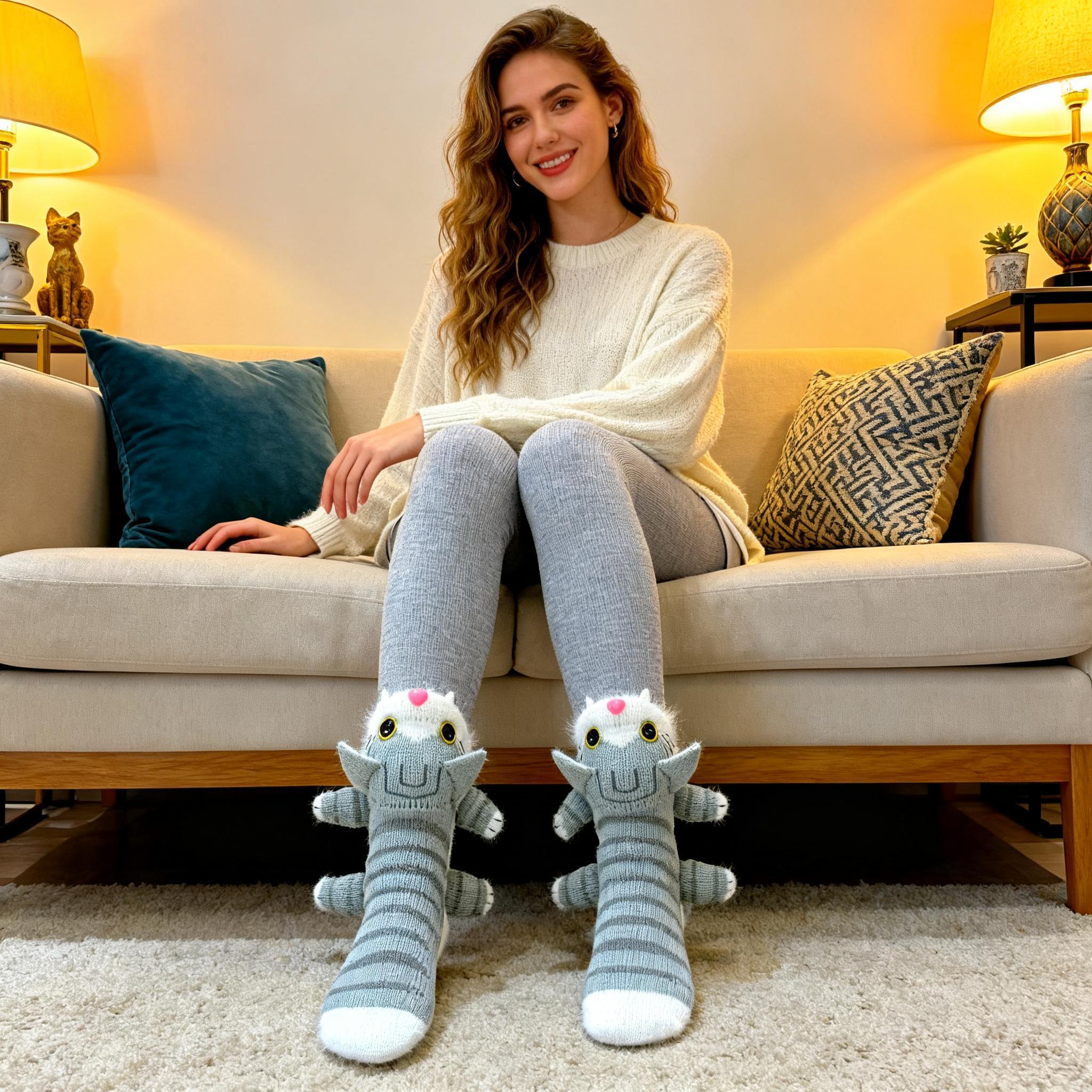 Animal knit socks styled in a warm living room