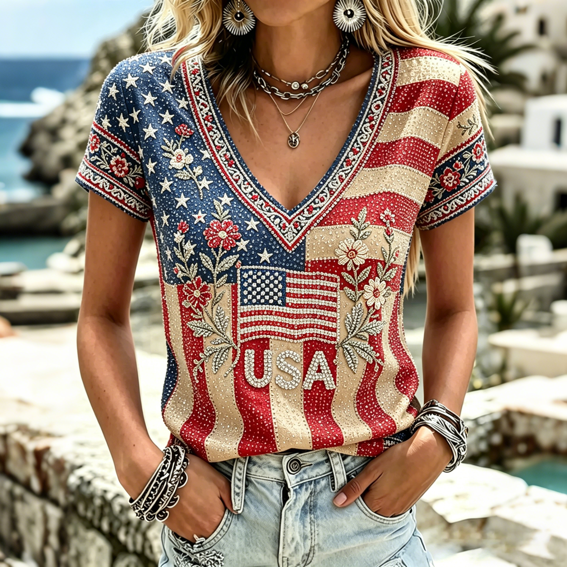 Women's America Hot Drill Floral Art Print Casual T-shirt