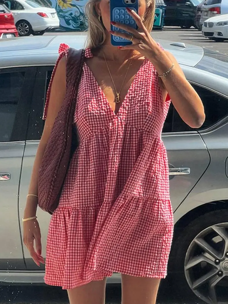 Women's Plaid Print Bow Decor Tie Shoulder Dress