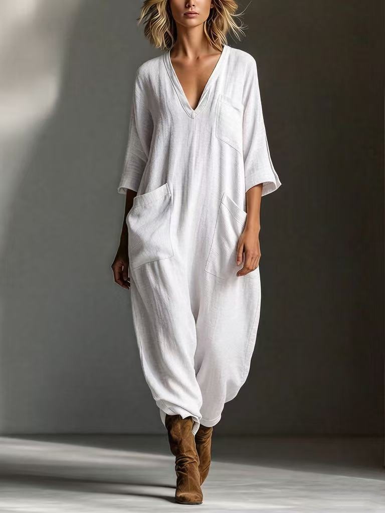 Oversized Linen-look Cotton V-neck Harem Jumpsuit