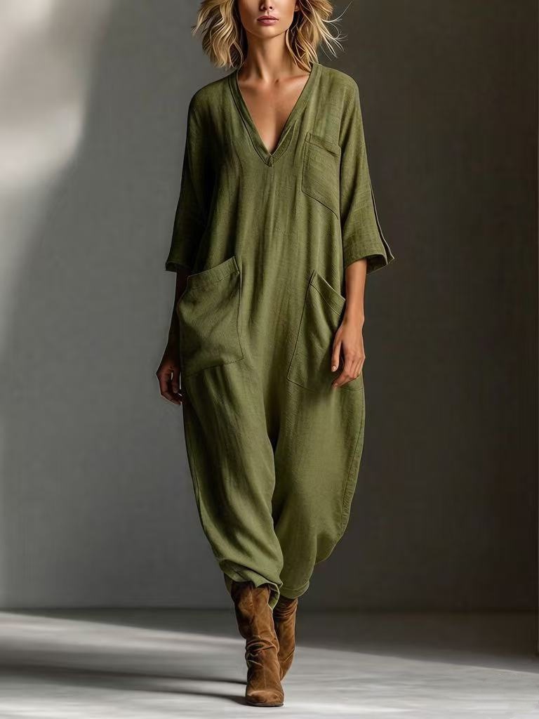 Oversized Linen-look Cotton V-neck Harem Jumpsuit