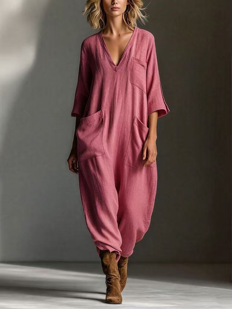 Oversized Linen-look Cotton V-neck Harem Jumpsuit
