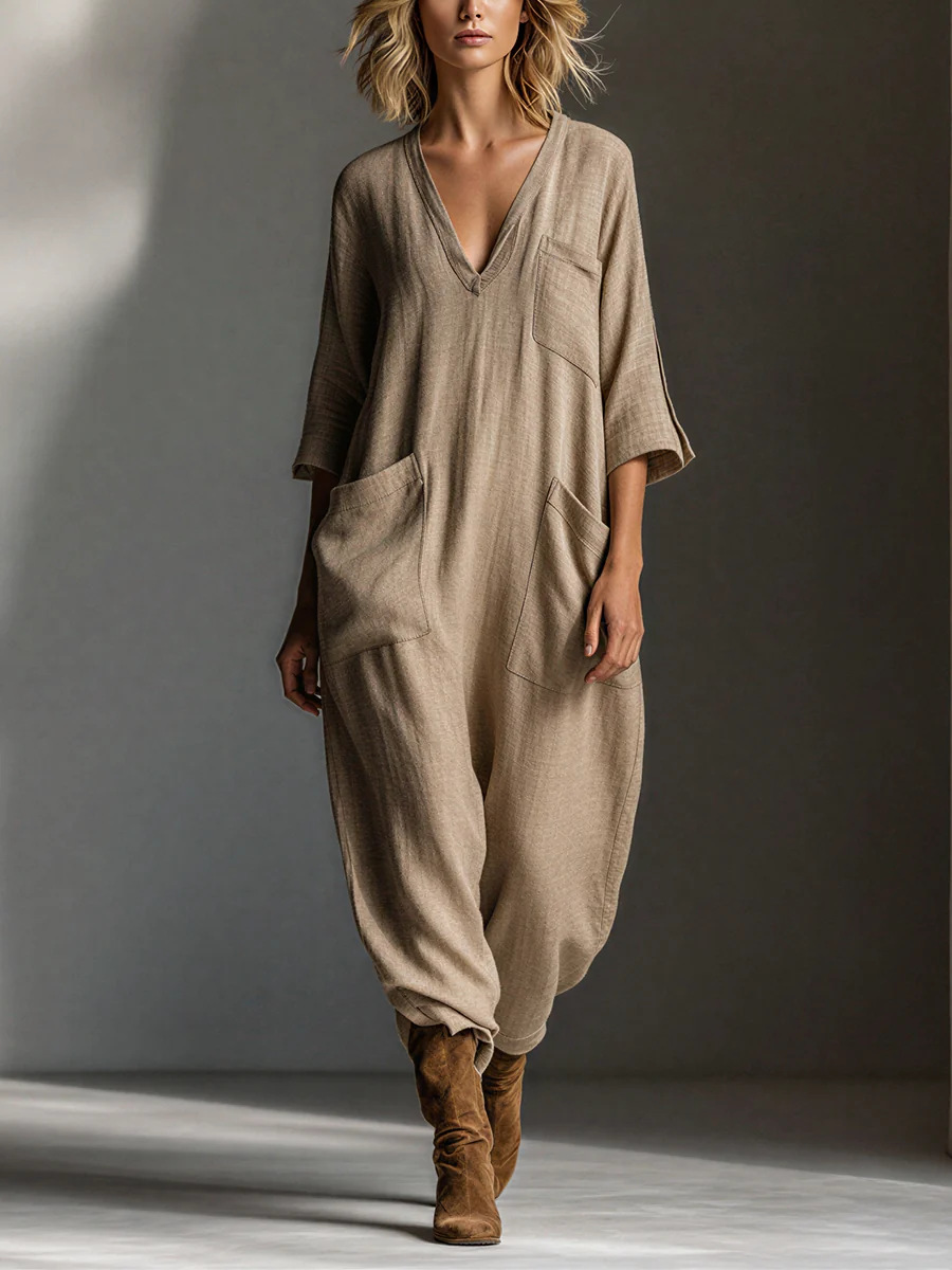 Oversized Linen-look Cotton V-neck Harem Jumpsuit