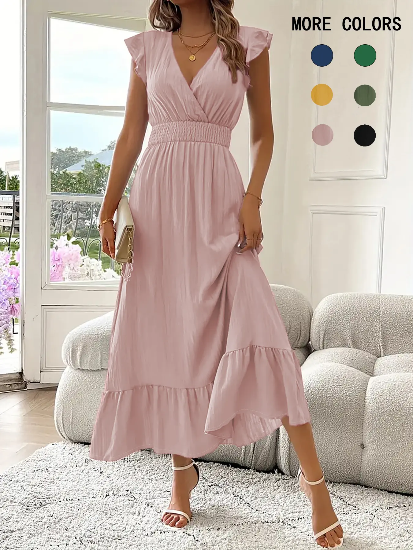 Women's Plain Shirred V Neck Fitted Dress