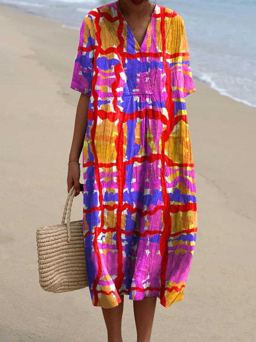 Women's Retro Simple Geometric Lines Watercolor Splash Fluid Art Print Flowy Dress