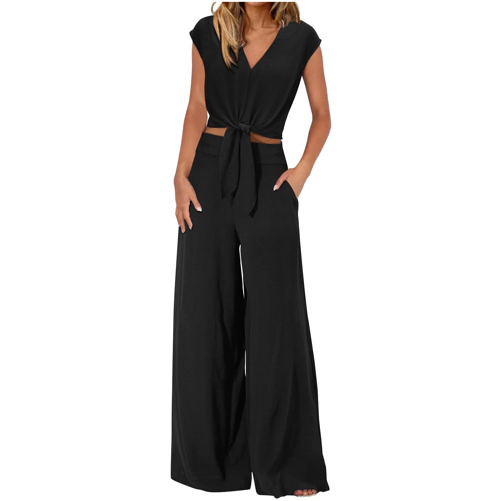 Homenesgenics 2 Piece Outfit for Women Plus Size Women's Casual V-Neck Long Sleeved Lace Up Exposed Navel Top Wide Leg Pants Set Brown M