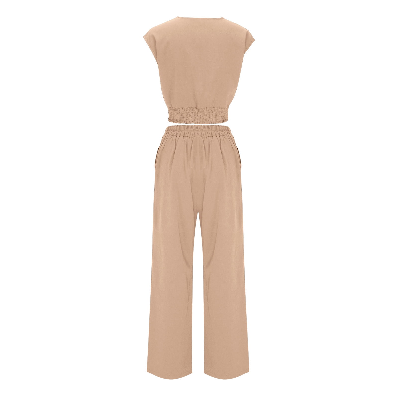 Homenesgenics 2 Piece Outfit for Women Plus Size Women's Casual V-Neck Long Sleeved Lace Up Exposed Navel Top Wide Leg Pants Set Brown M