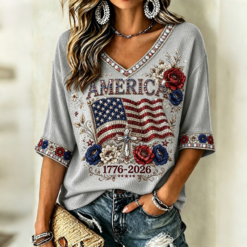 Women's Vintage Independence Day Flag Flower Art V-neck Casual T-shirt