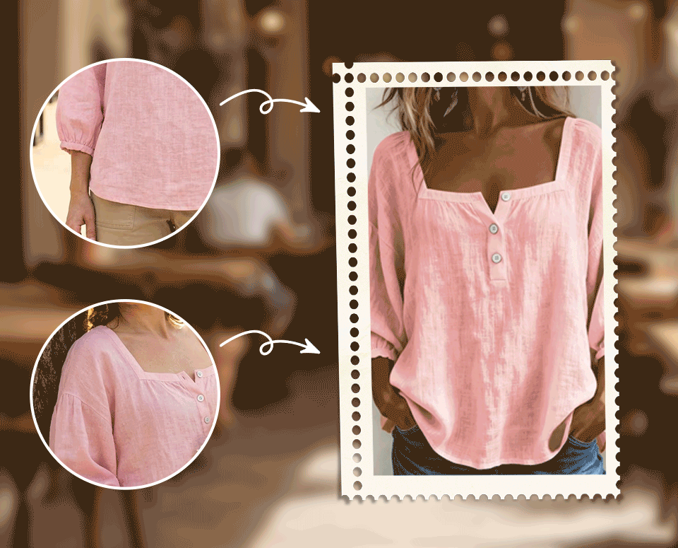 80% Cotton and 20% Linen Square Neck Long-Sleeved Blouse