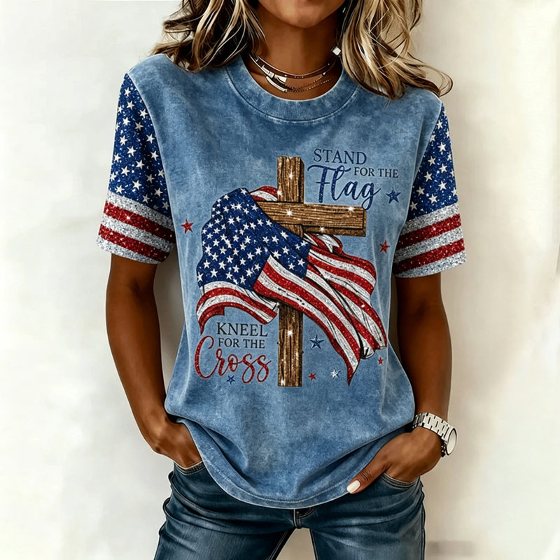 Women's Independence Day Faith Flag Print Crew Neck Short Sleeve T-shirt