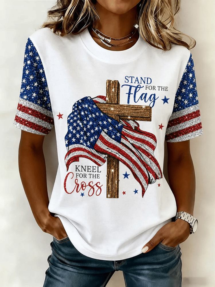 Women's Independence Day Faith Flag Print Crew Neck Short Sleeve T-shirt