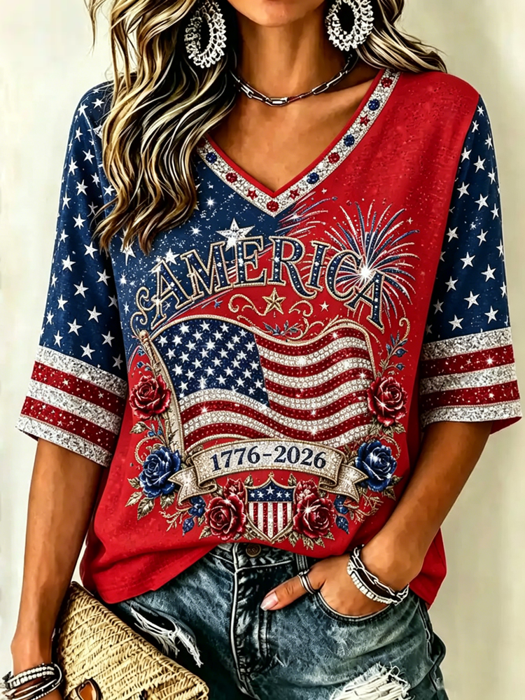 Women's Retro Independence Day Anniversary Print Cotton Linen T-shirt