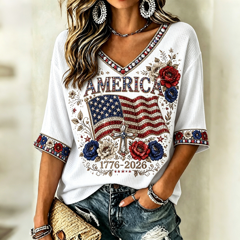 Women's Vintage Independence Day Flag Flower Art V-neck Casual T-shirt