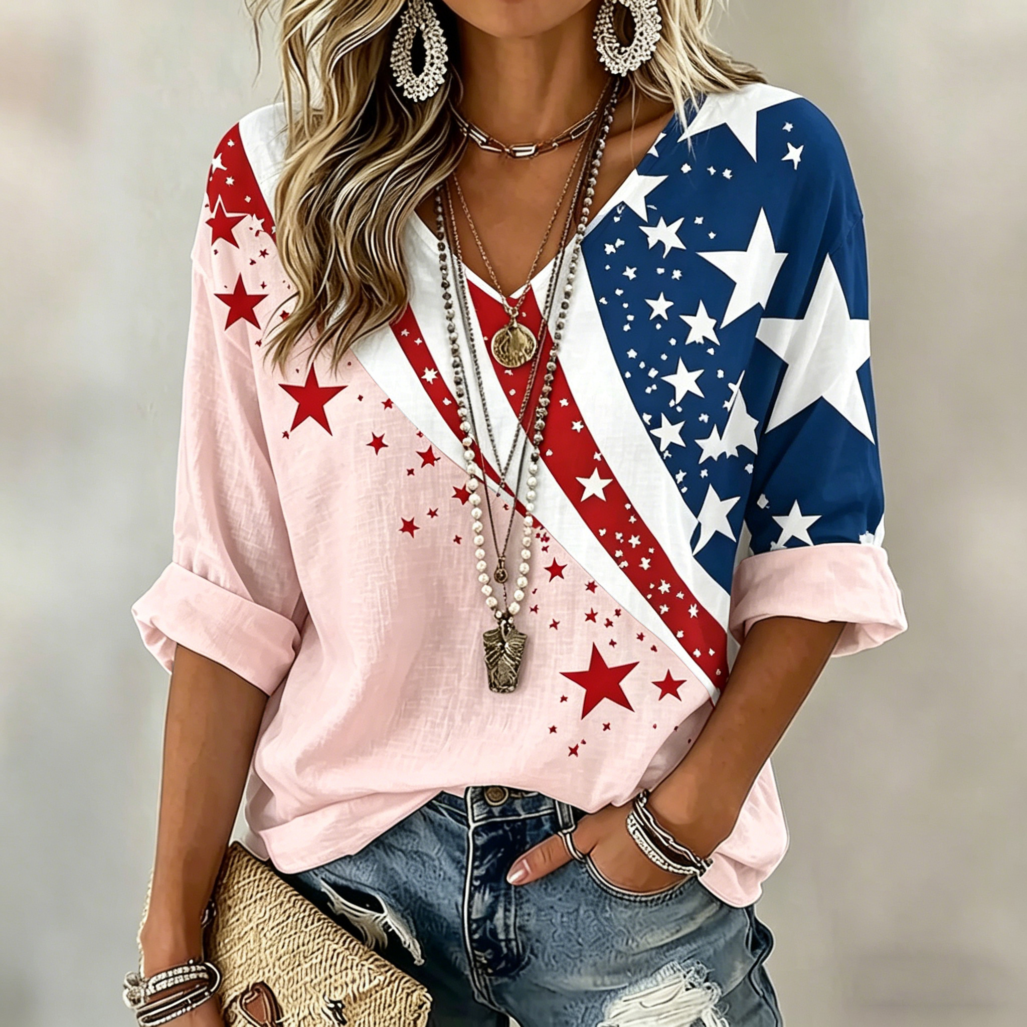 Women's  Flag Art Three-quarter Sleeve V Neck Linen Tops