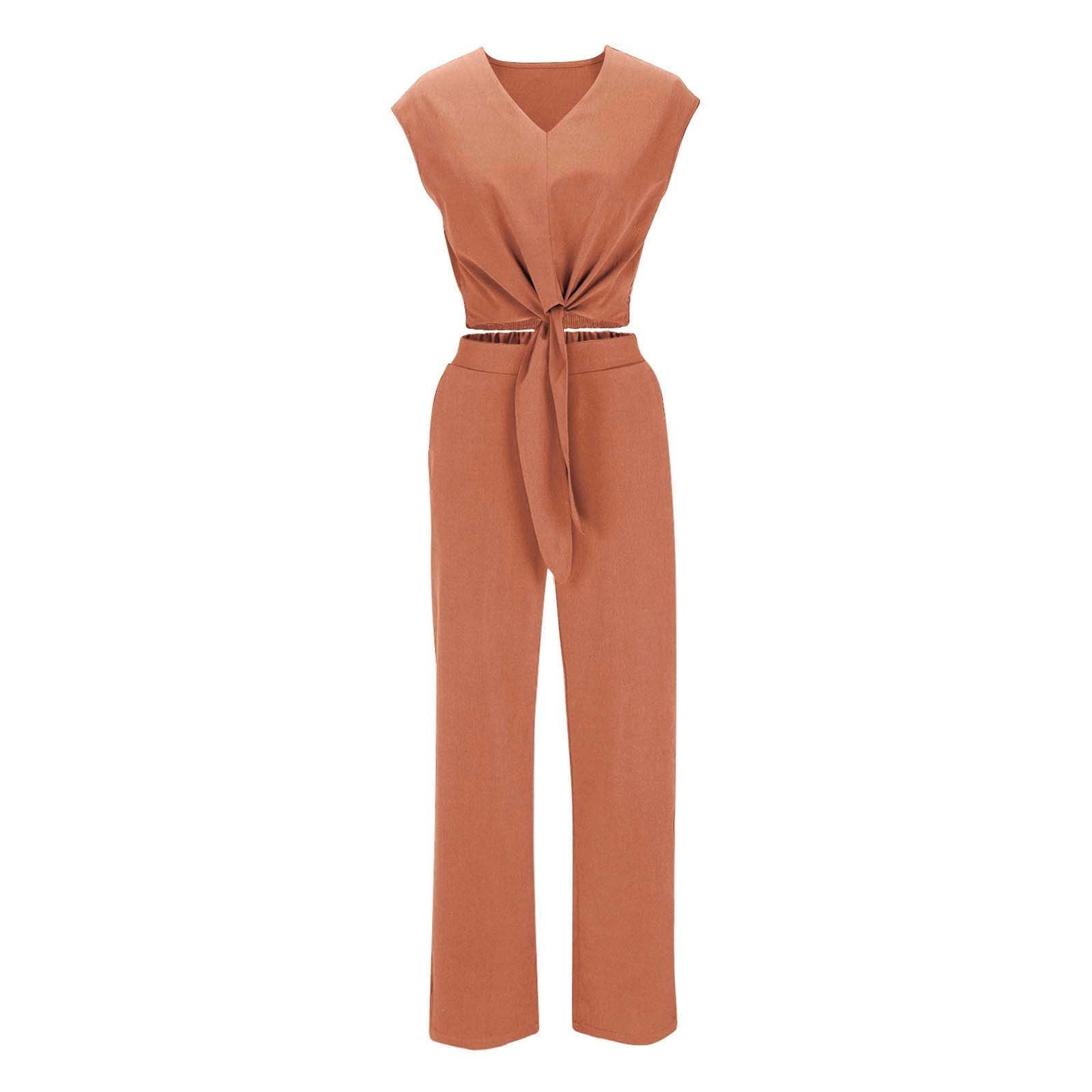 Homenesgenics 2 Piece Outfit for Women Plus Size Women's Casual V-Neck Long Sleeved Lace Up Exposed Navel Top Wide Leg Pants Set Brown M