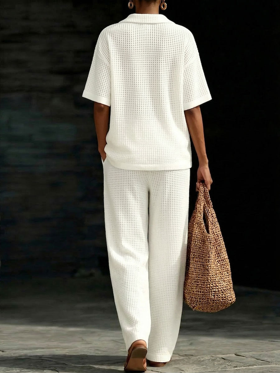 Women's Solid-Color V-Neck Short-Sleeve Casual Waffle-Knit Cotton Top and High-Waisted Wide-Leg Pants Set
