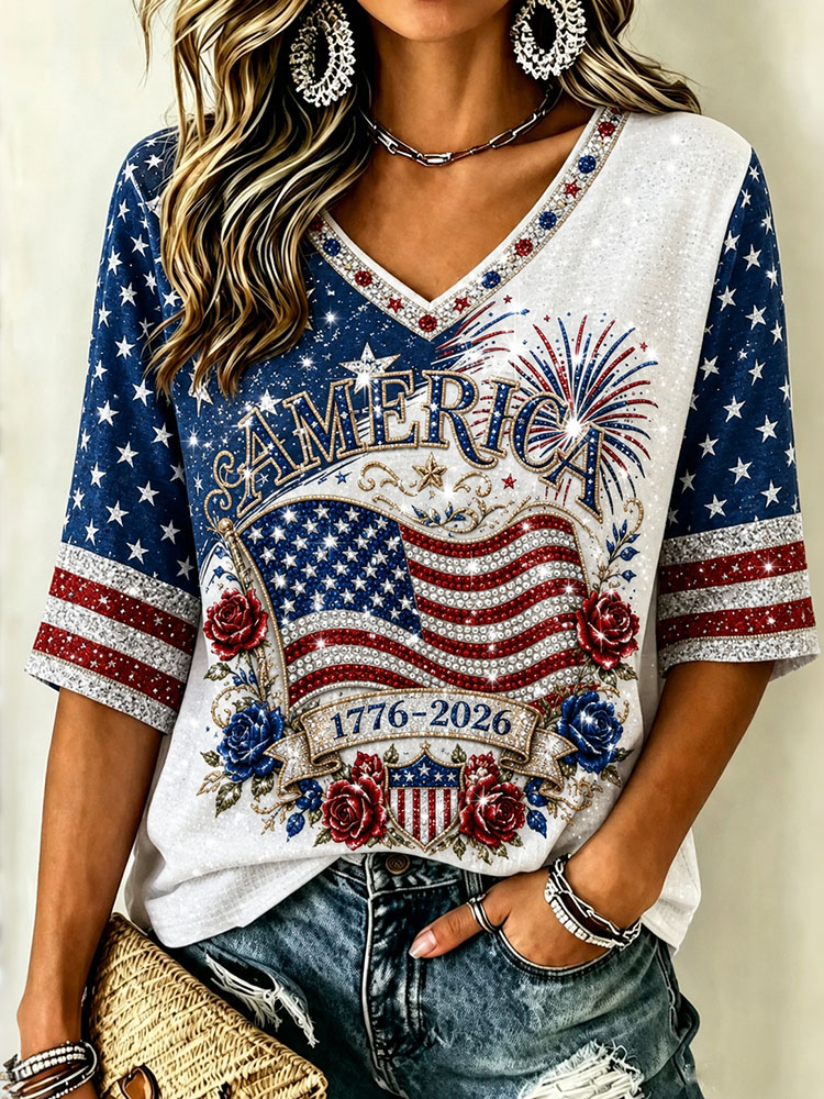 Women's Retro Independence Day Anniversary Print Cotton Linen T-shirt