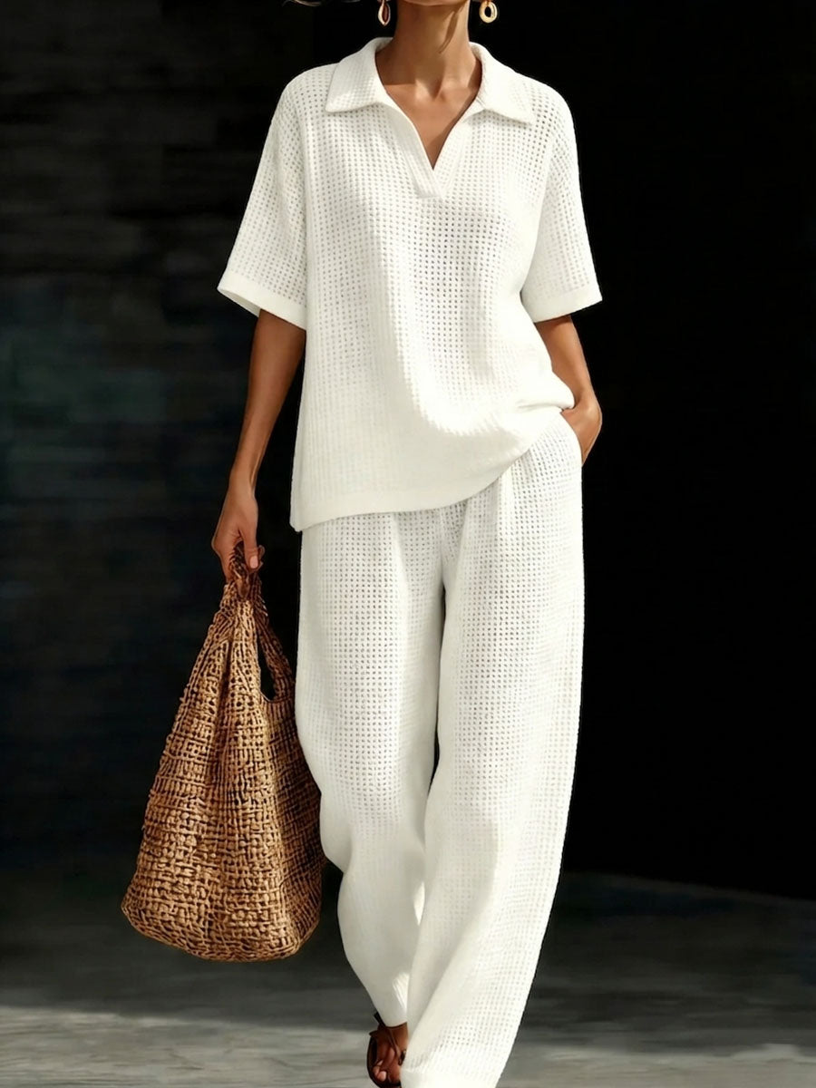 Women's Solid-Color V-Neck Short-Sleeve Casual Waffle-Knit Cotton Top and High-Waisted Wide-Leg Pants Set