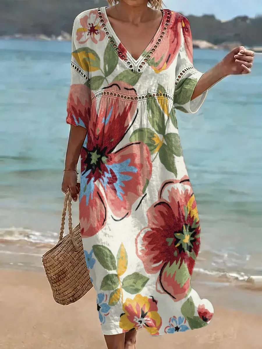 Women's Retro Color-block Floral Art Print Loose Cotton-linen Dress