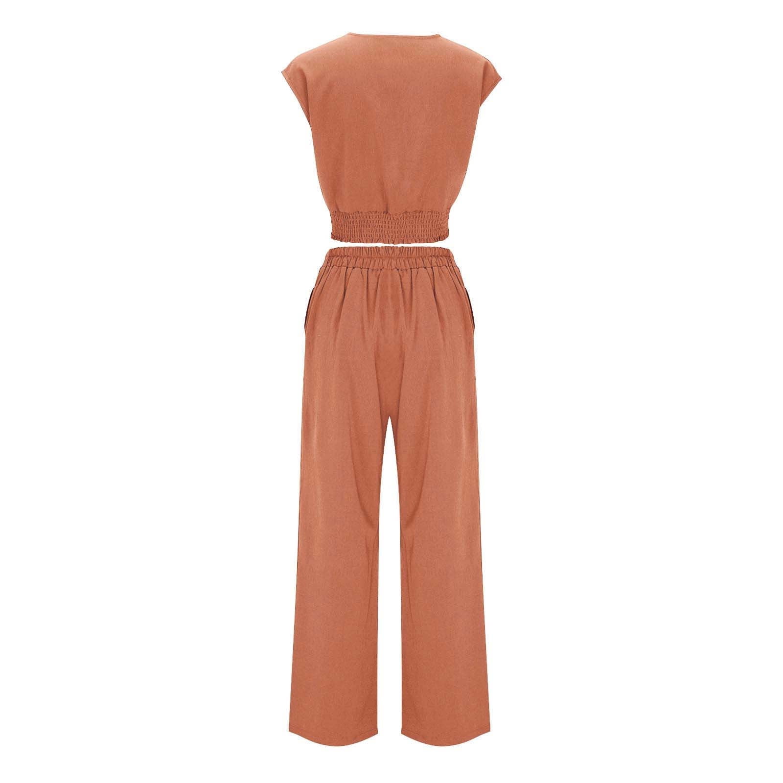 Homenesgenics 2 Piece Outfit for Women Plus Size Women's Casual V-Neck Long Sleeved Lace Up Exposed Navel Top Wide Leg Pants Set Brown M