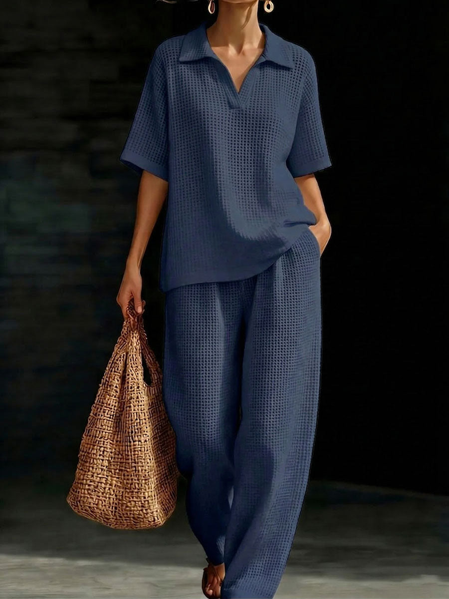 Women's Solid-Color V-Neck Short-Sleeve Casual Waffle-Knit Cotton Top and High-Waisted Wide-Leg Pants Set