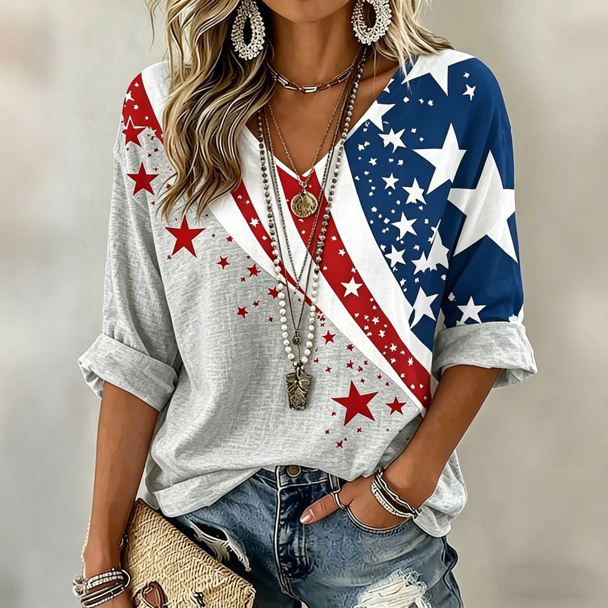 Women's  Flag Art Three-quarter Sleeve V Neck Linen Tops