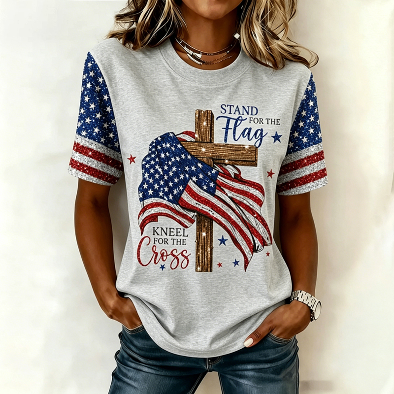 Women's Independence Day Faith Flag Print Crew Neck Short Sleeve T-shirt