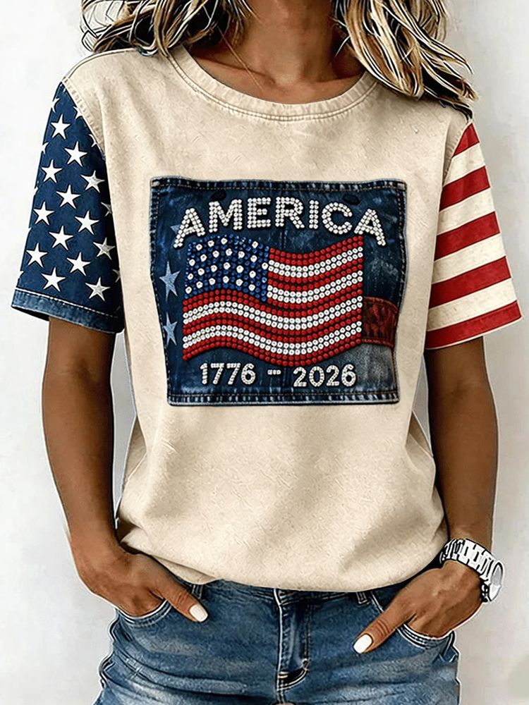 Women's Retro Independence Day Flag Printed T-shirt