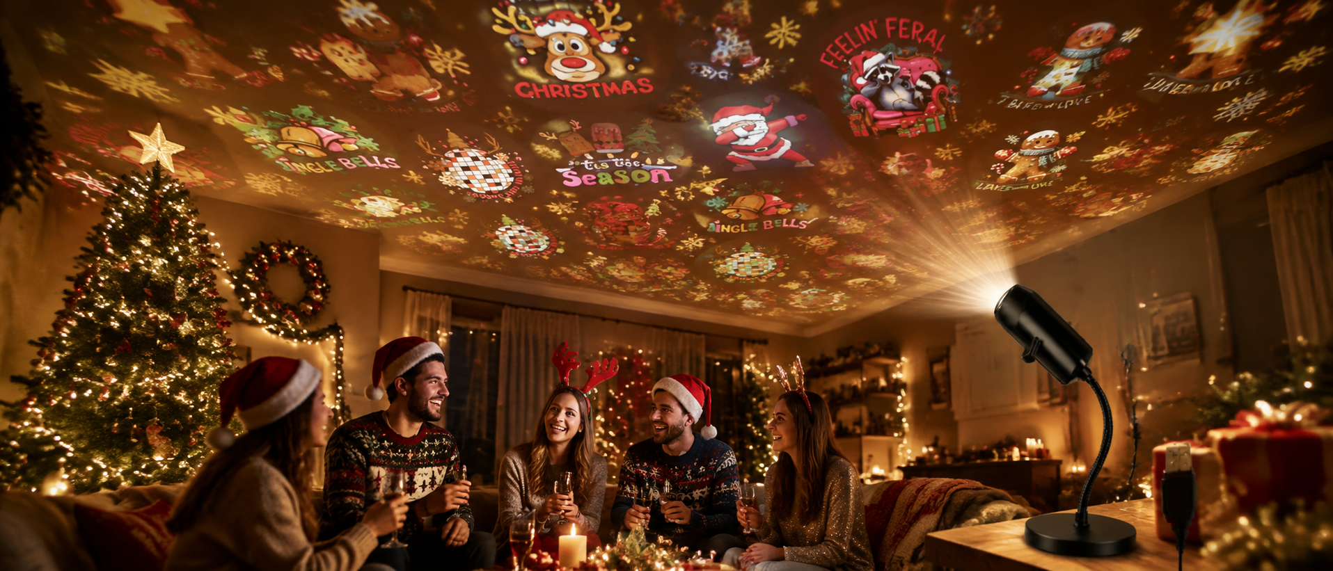 Christmas scenes projected across a warmly decorated room