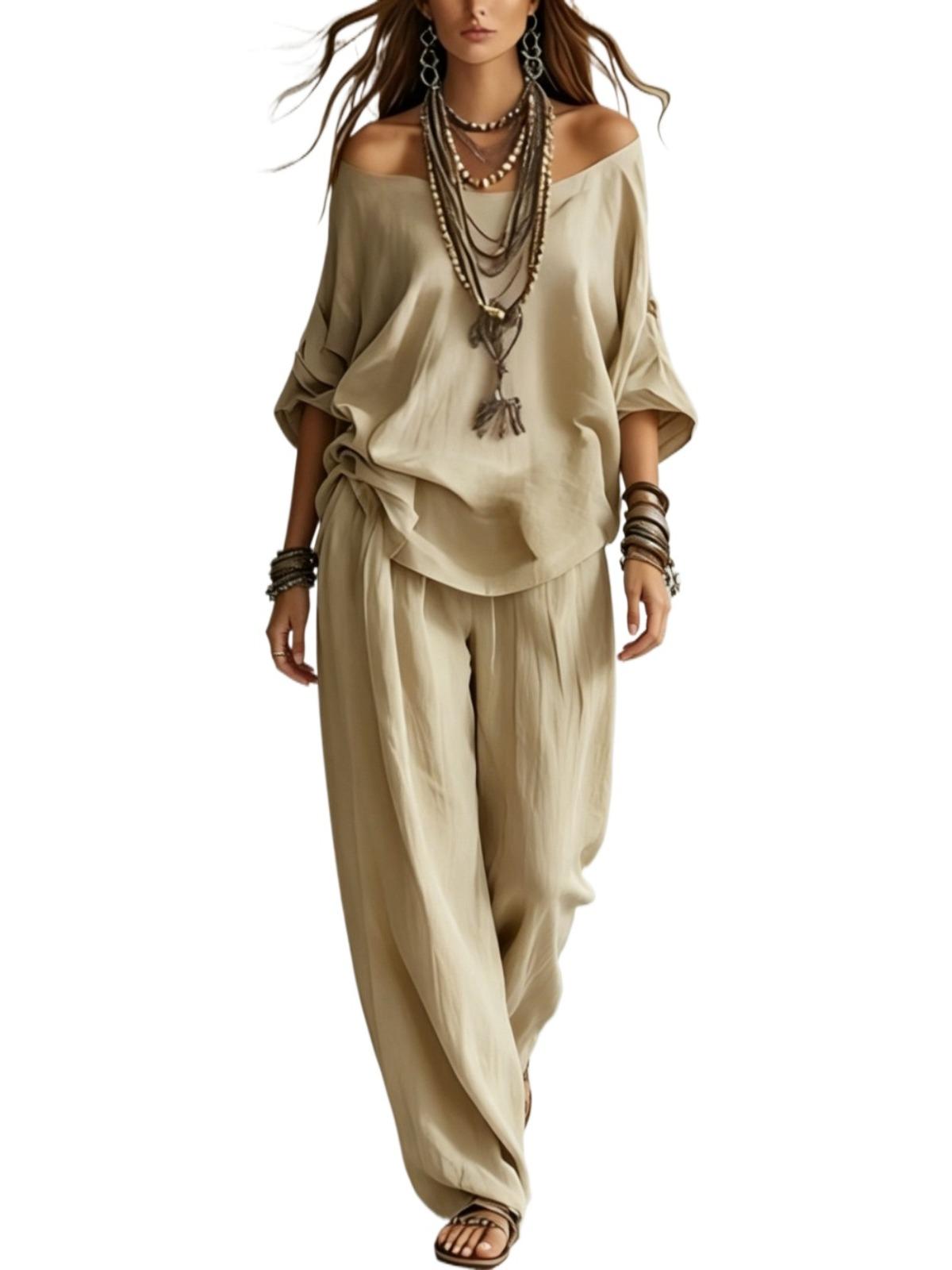 Women's Summer Solid 3/4 Sleeve Tops & Wide Leg Pants Set, Casual Loose Simple Fashion Outfit, Daily Holiday Travel Two Piece Set