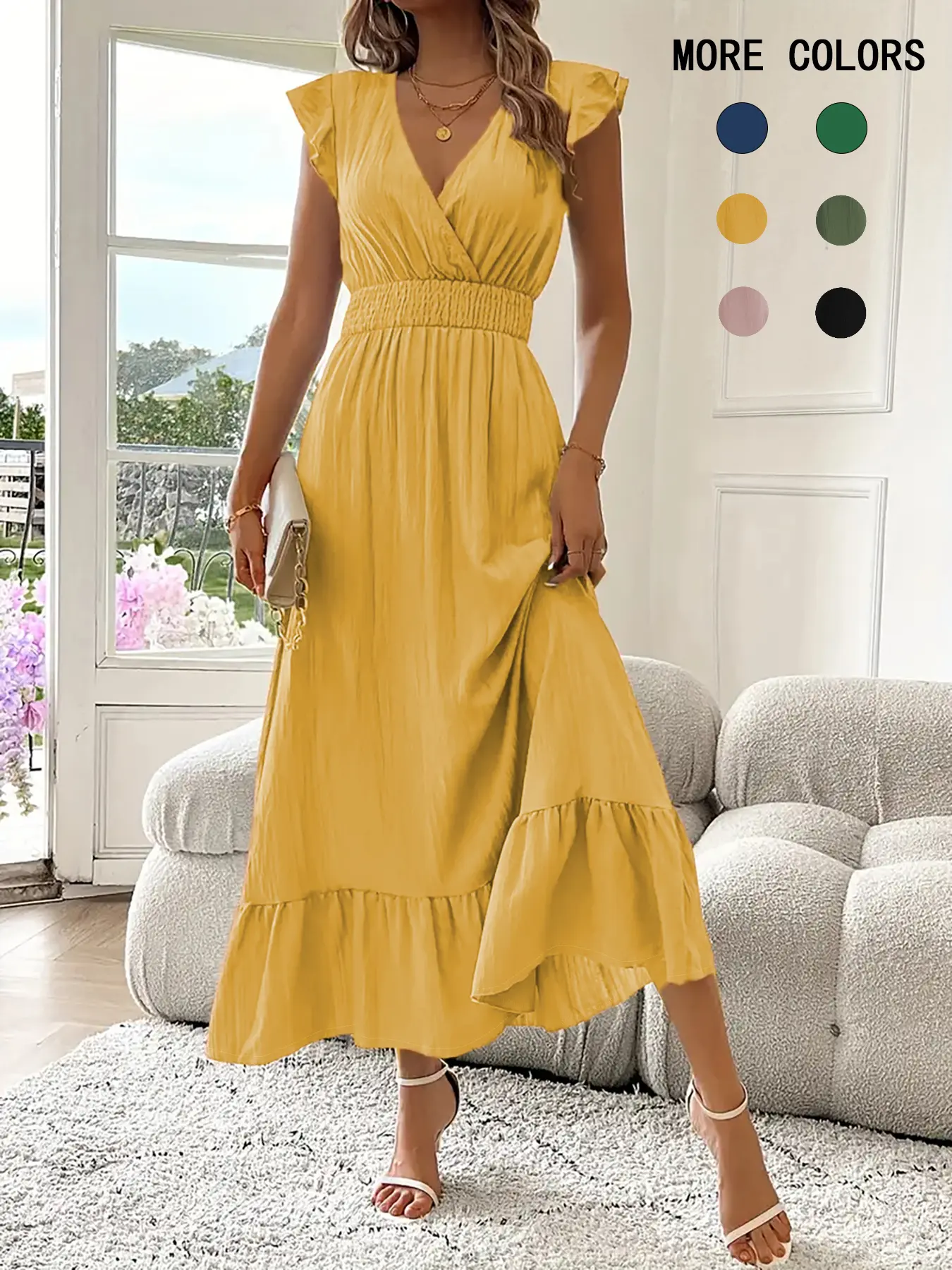 Women's Plain Shirred V Neck Fitted Dress