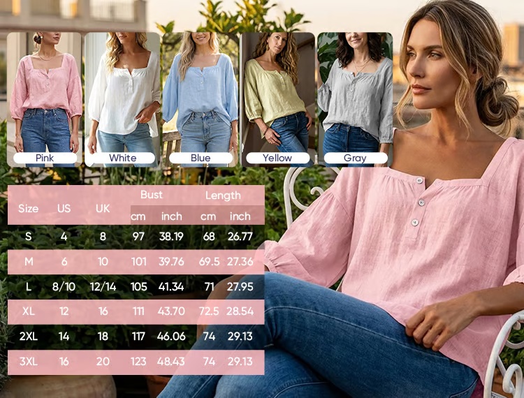 80% Cotton and 20% Linen Square Neck Long-Sleeved Blouse