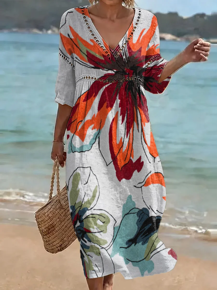 Women's Retro Color-block Floral Art Print Loose Cotton-linen Dress