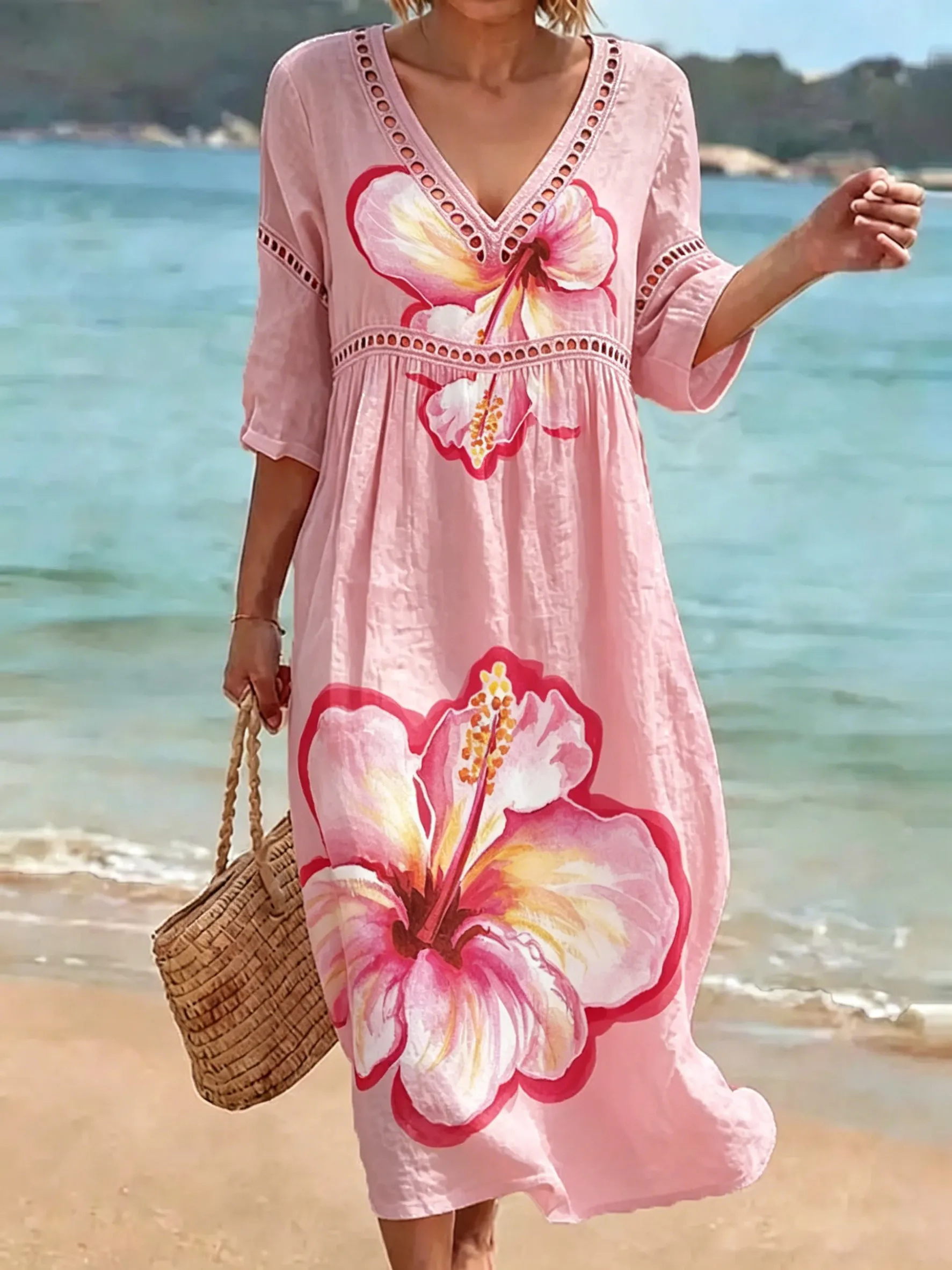 Women's Retro Color-block Floral Art Print Loose Cotton-linen Dress