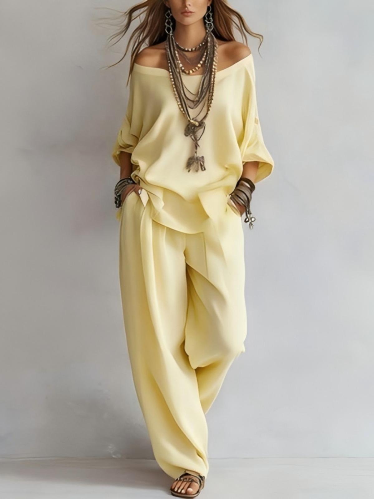 Women's Summer Solid 3/4 Sleeve Tops & Wide Leg Pants Set, Casual Loose Simple Fashion Outfit, Daily Holiday Travel Two Piece Set